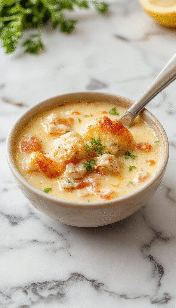 A vibrant bowl of keto chicken pot pie soup featuring shredded chicken, golden-brown crust crumbles, and fresh herbs, steaming warmly against a rustic wooden background.