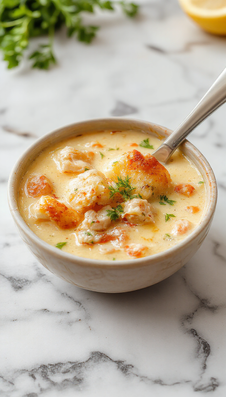 A vibrant bowl of keto chicken pot pie soup featuring shredded chicken, golden-brown crust crumbles, and fresh herbs, steaming warmly against a rustic wooden background.