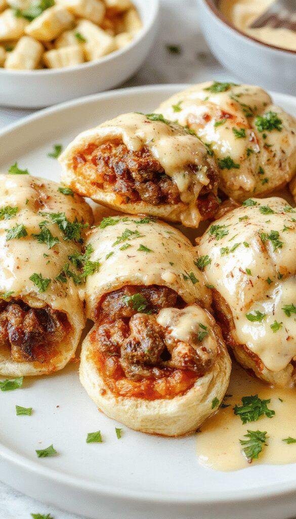 Golden keto Philly cheesesteak rolls sliced open to reveal savory beef, melted cheese, and green peppers inside a crispy roll.