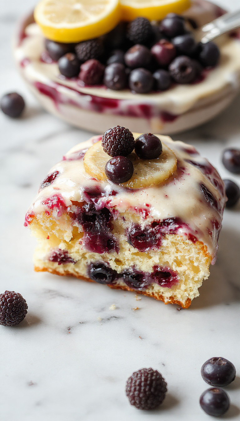 A vibrant lemon blueberry cake with a golden crust topped with fresh blueberries and a drizzle of lemon glaze, served on a white plate with a sprig of mint, showcasing a moist crumb and colorful fruit toppings
