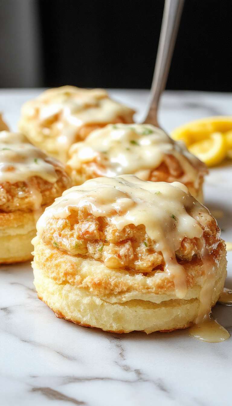 Golden brown cheddar bay biscuits filled with tender crab meat, topped with a drizzle of glossy lemon butter sauce, served on a rustic white plate garnished with fresh parsley, showcasing a crispy exterior and flaky interior with vibrant yellow lemon accents.