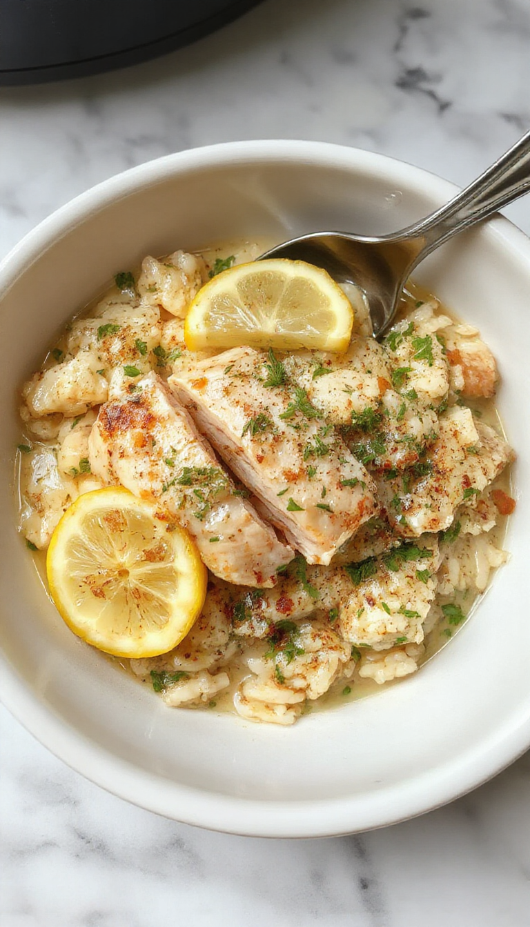 A vibrant dish featuring tender shredded chicken seasoned with fresh herbs and slices of lemon, served atop fluffy white rice garnished with chopped parsley and lemon wedges, all presented in a rustic white bowl on a wooden table, with fresh herbs and lemon slices artfully arranged around the dish.
