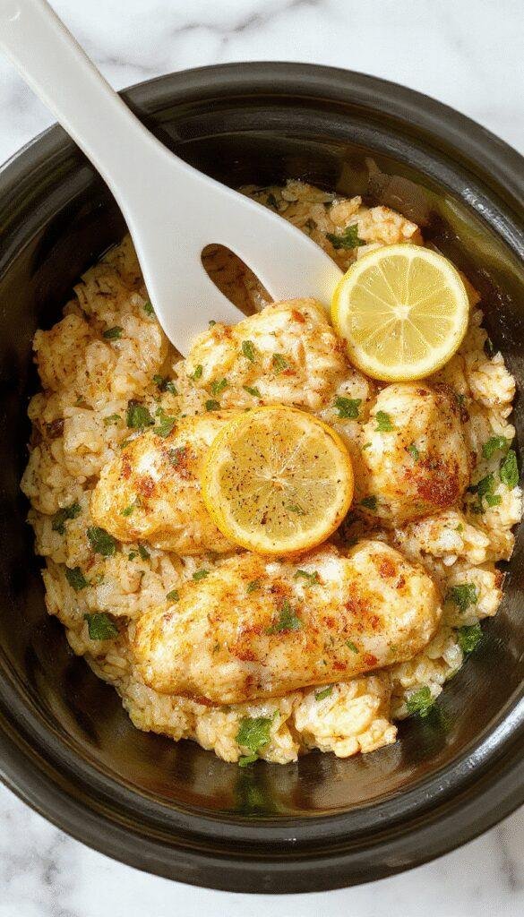 Colorful plate featuring tender slow cooker lemon herb chicken atop fluffy rice, garnished with fresh herbs and lemon slices, styled elegantly on a white ceramic dish with a rustic wooden background.