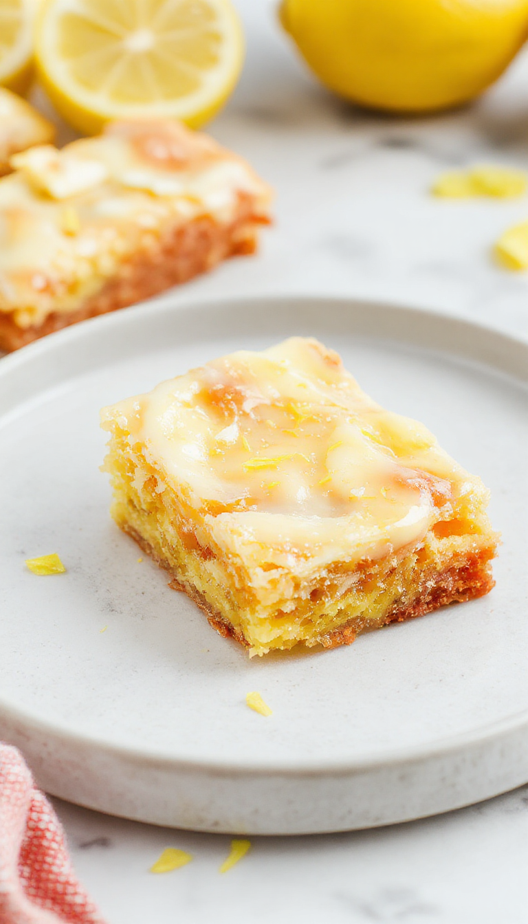 Close-up of Lemon Lush citrus bars with a glossy lemon glaze and a rich, fudgy crust, garnished with fresh lemon zest.