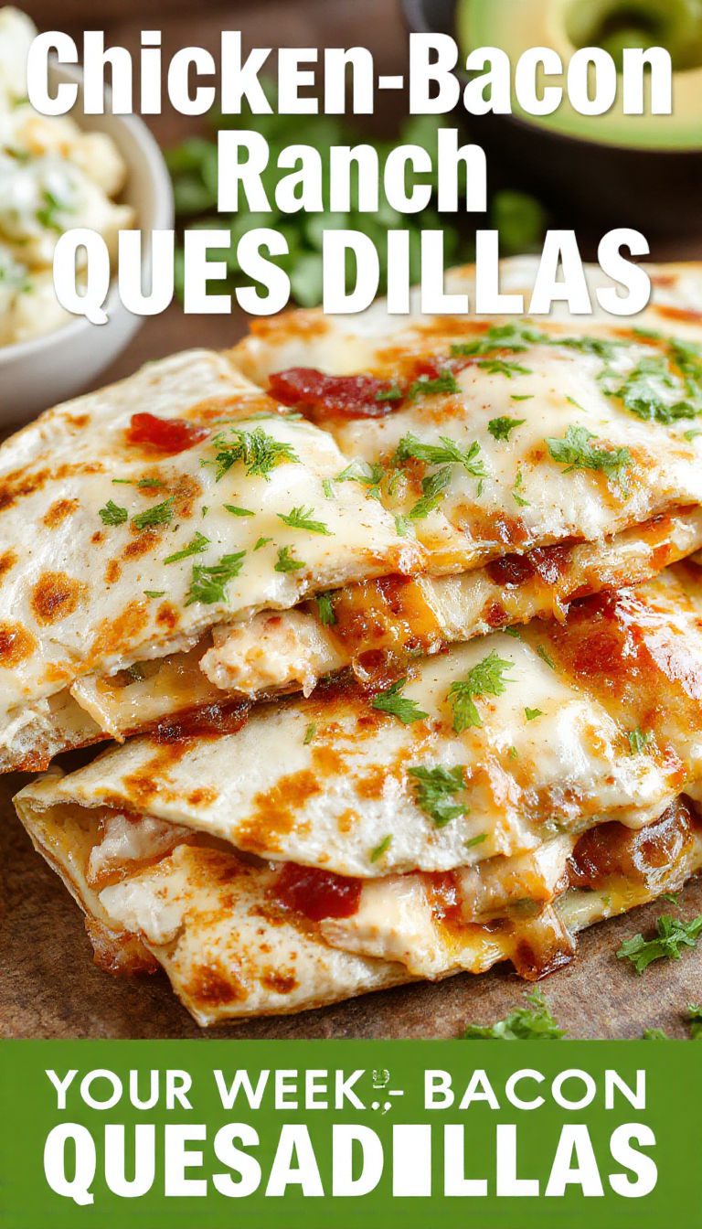 A crispy chicken bacon ranch quesadilla sliced open to reveal melted cheese, chicken pieces, bacon bits, and fresh herbs inside.