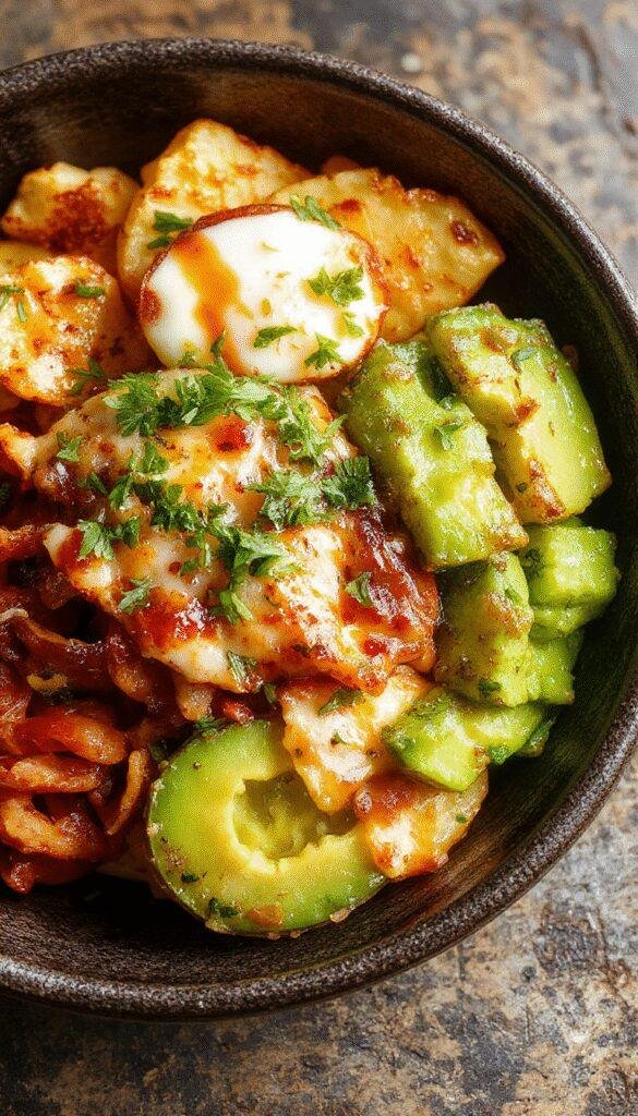 A vibrant bowl filled with loaded potato taco ingredients, including crispy potatoes, seasoned beef, shredded cheese, sour cream, and fresh toppings, ready for meal prep.