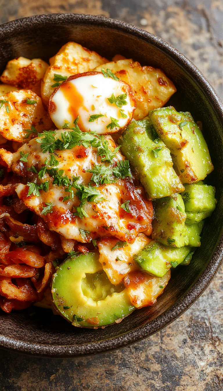 A vibrant bowl filled with loaded potato taco ingredients, including crispy potatoes, seasoned beef, shredded cheese, sour cream, and fresh toppings, ready for meal prep.