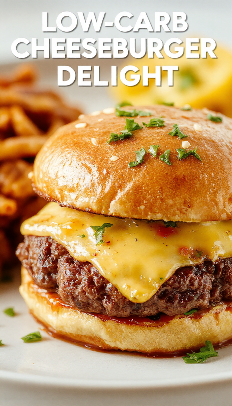 A plate featuring a low-carb cheeseburger with lettuce, tomato, cheese, and a juicy beef patty, garnished with pickles and served without bun.