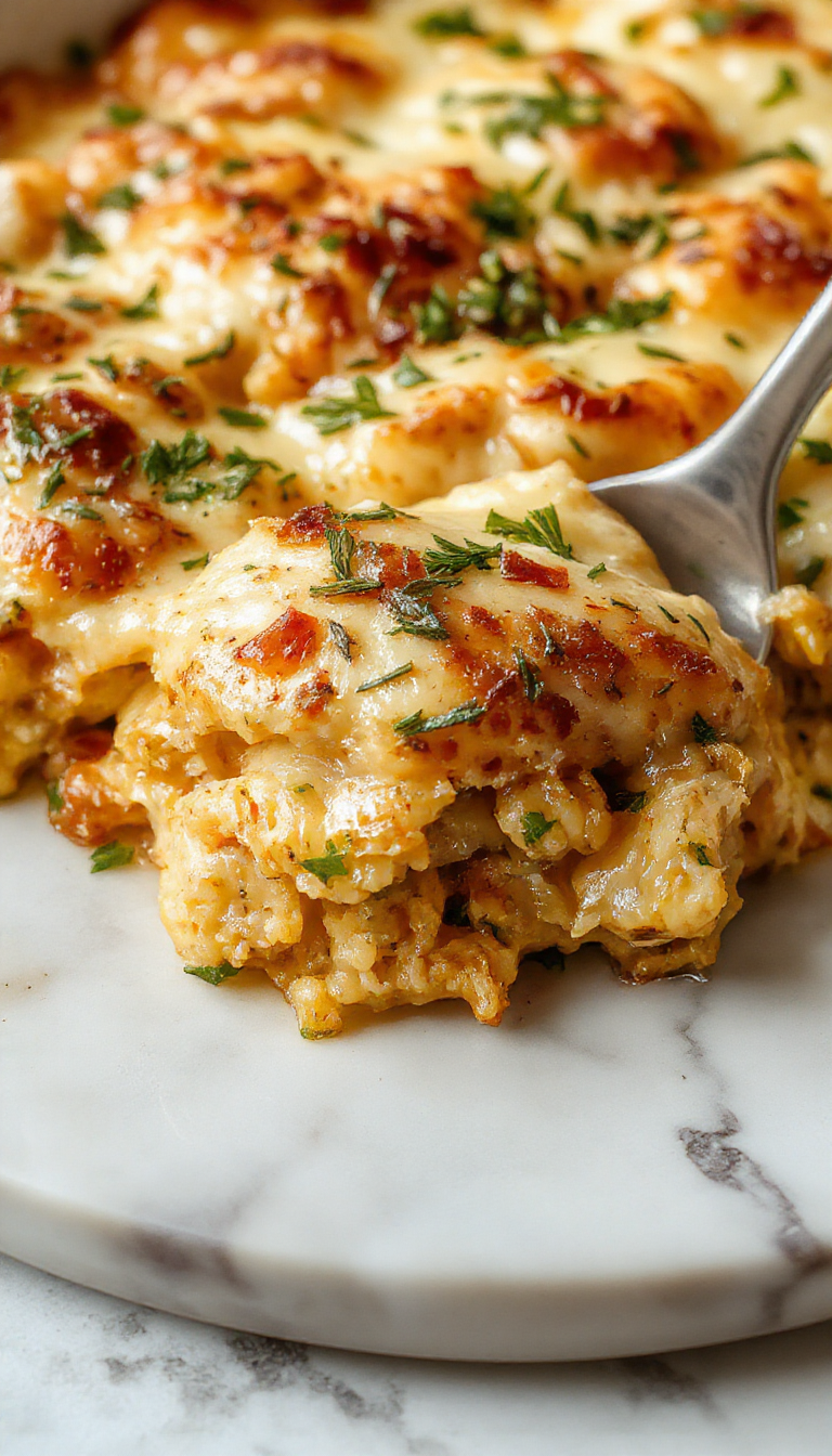 A vibrant chicken casserole served in a rustic ceramic dish, topped with melted golden cheese, garnished with fresh herbs, with a side of crisp green salad on a wooden table, showcasing a hearty and creamy texture with colorful ingredients.