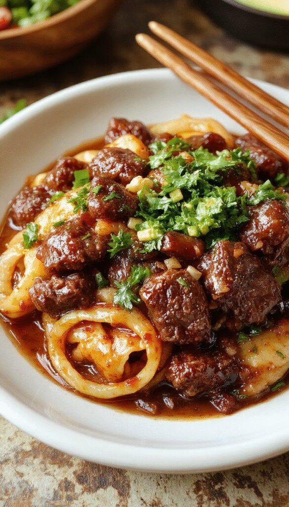 A plate of luscious glazed beef noodles garnished with fresh herbs, showcasing tender beef slices coated in glossy glaze alongside stir-fried noodles and colorful vegetables.