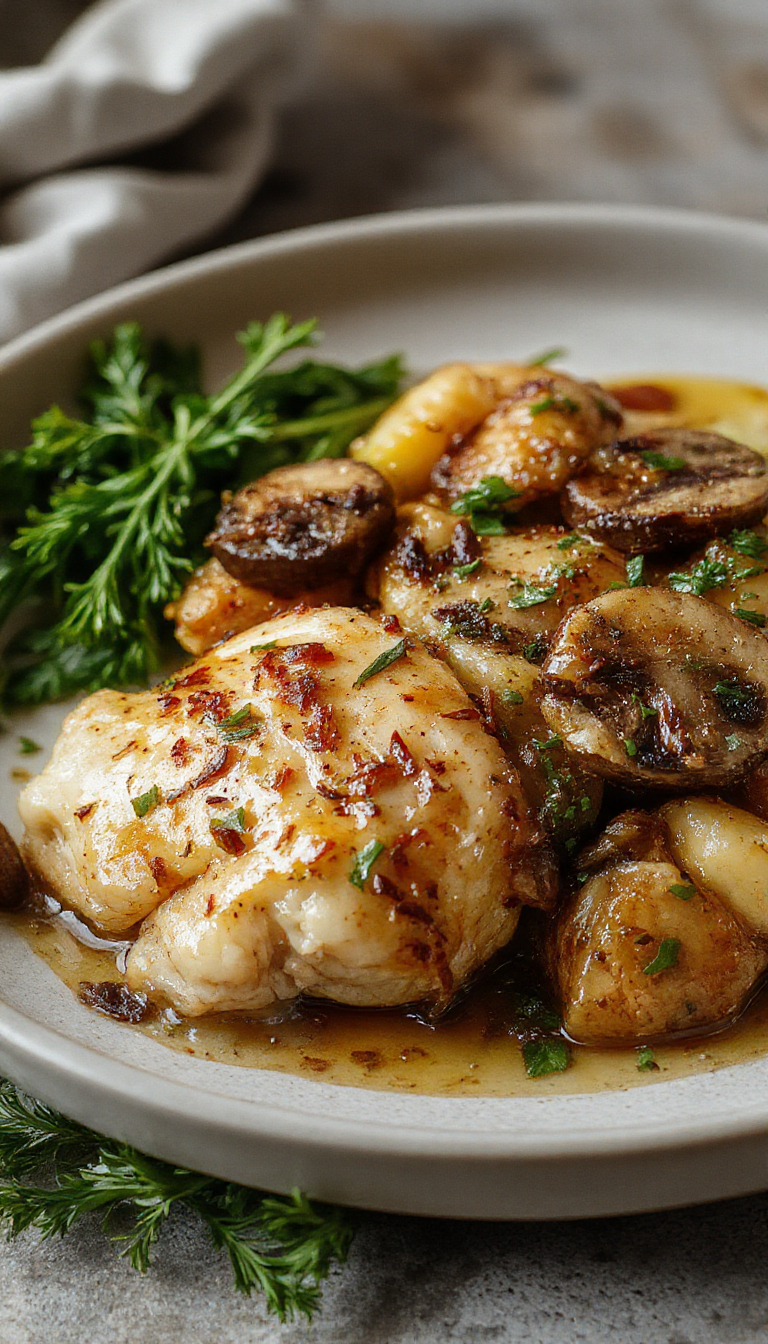 A plate of Luxurious Garlic Mushroom Chicken featuring tender chicken breasts topped with sautéed garlic mushrooms and fresh herbs, served with a creamy sauce on a elegant dinner plate.
