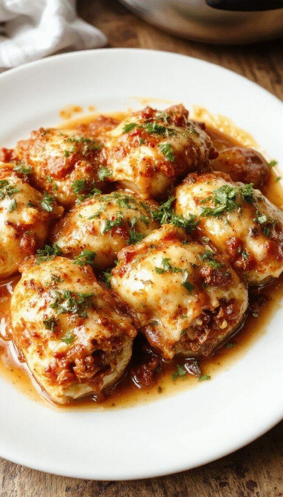 A serving of Cheesy Beef & Ricotta Stuffed Shells topped with melted cheese and fresh herbs on a white plate.