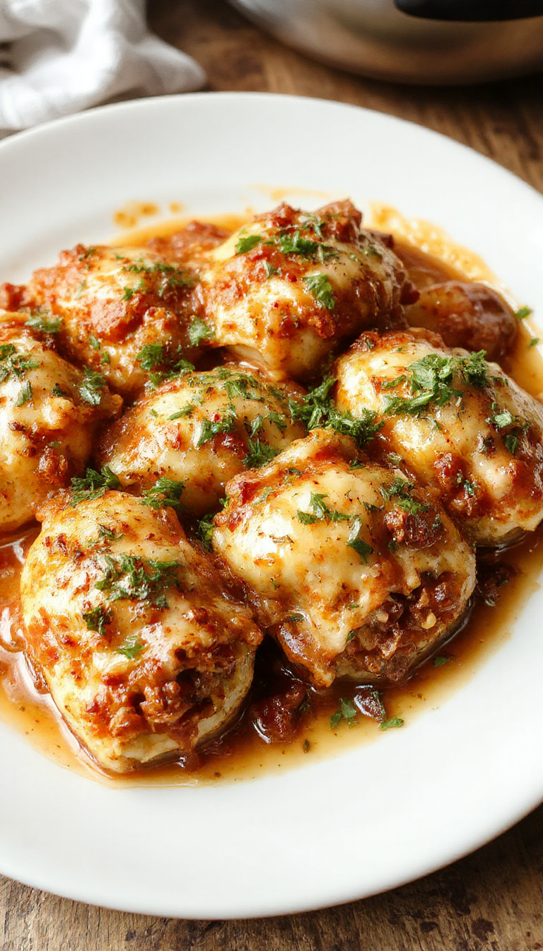 A serving of Cheesy Beef & Ricotta Stuffed Shells topped with melted cheese and fresh herbs on a white plate.