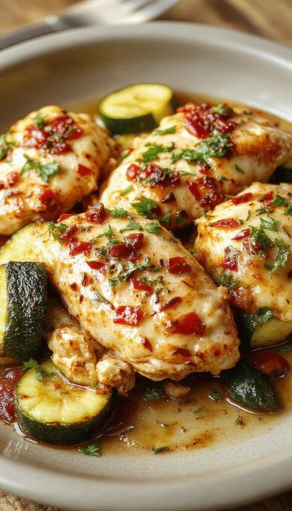 A colorful plate of Mediterranean Chicken and Zucchini served on a rustic wooden table, garnished with fresh herbs.