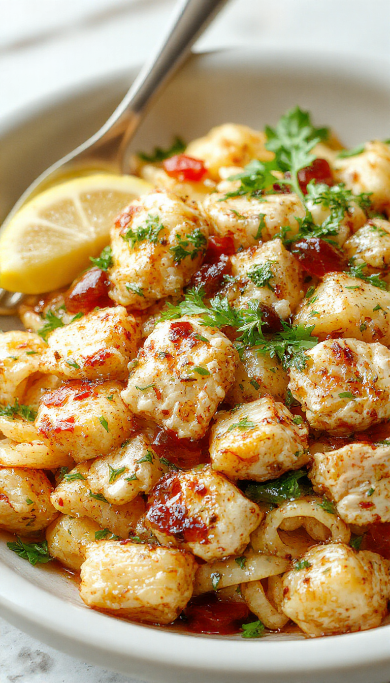 A vibrant bowl of Mediterranean Delight: Zesty Chicken Pasta Salad with colorful vegetables, grilled chicken, and herbs garnished with lemon slices.