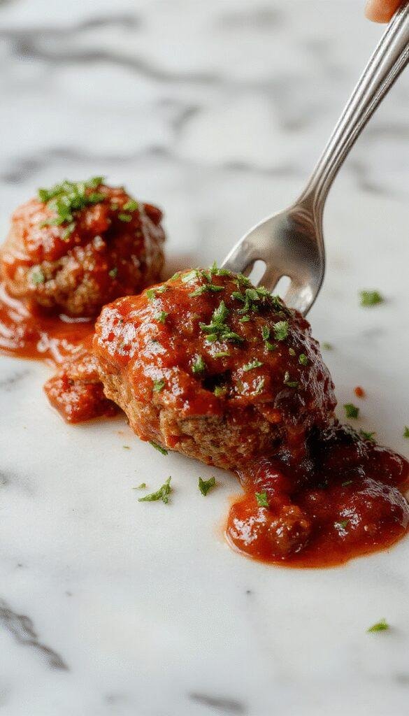 A close-up of succulent Italian meatballs coated in rich marinara sauce, garnished with fresh basil and grated Parmesan cheese on a rustic plate, with a side of crusty bread and a sprig of parsley for garnish