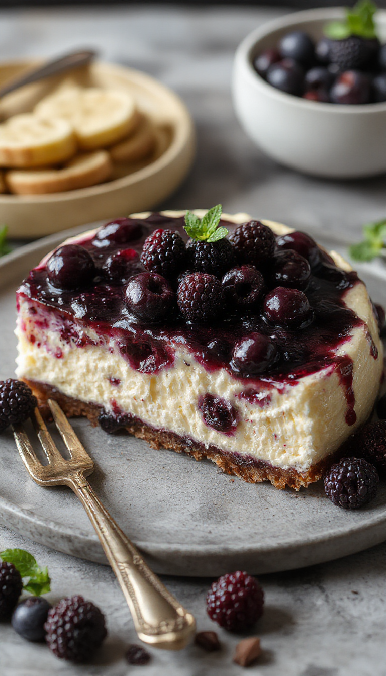 A stunning slice of Midnight Blueberry Cheesecake on a plate, featuring a deep blue berry topping and a creamy, smooth cheesecake base, garnished with fresh blueberries and mint.
