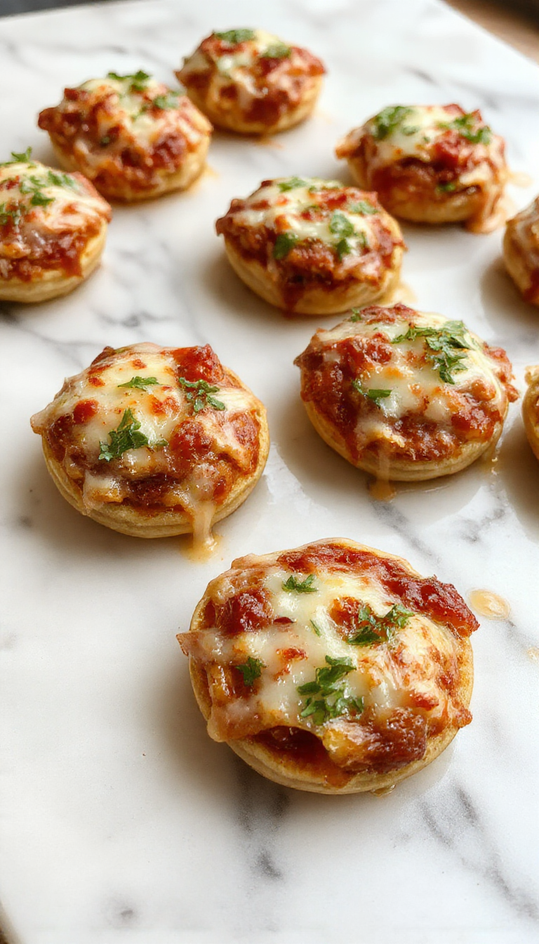 Colorful close-up of golden-brown mini deep dish crescent roll pizzas topped with bubbling cheese, sliced pepperoni, and fresh herbs, arranged neatly on a rustic wooden platter, styled with vibrant napkins for a cozy family meal presentation.