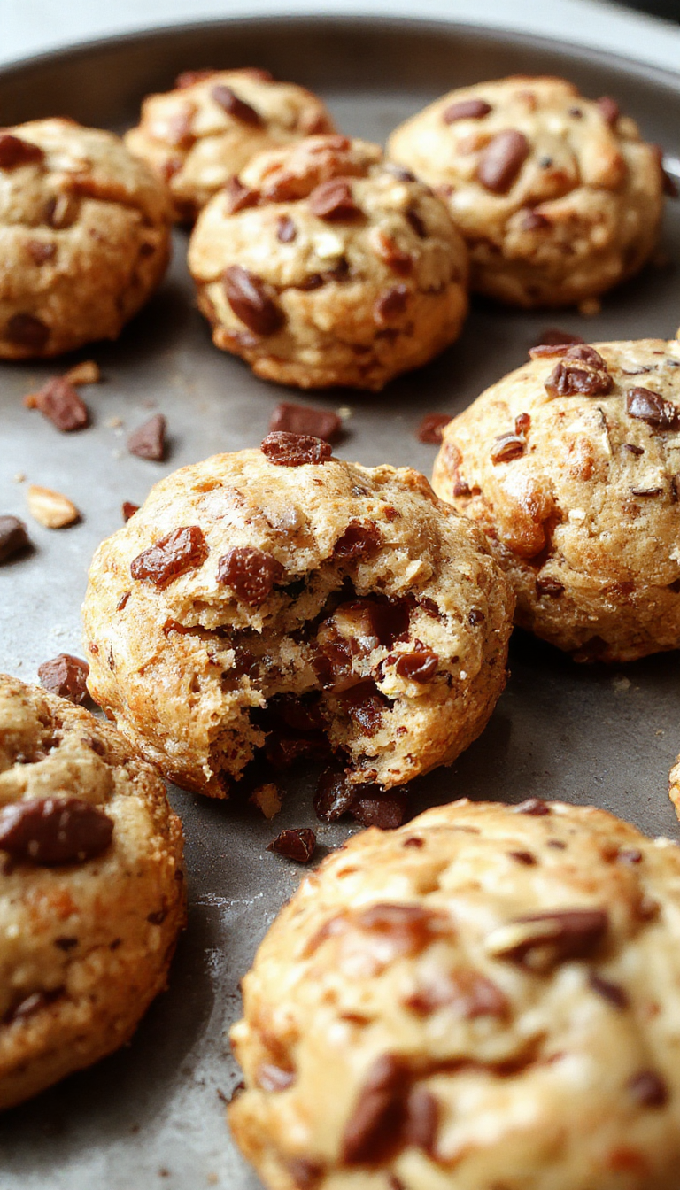 Close-up of golden Morning Power Bites protein biscuits arranged on a rustic wooden tray, showing their crunchy exterior and hearty interior.