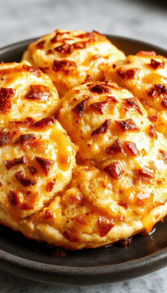 A golden, flaky biscuit broken in half revealing a soft, buttery interior and a crispy, textured crust, presented on a rustic wooden plate.