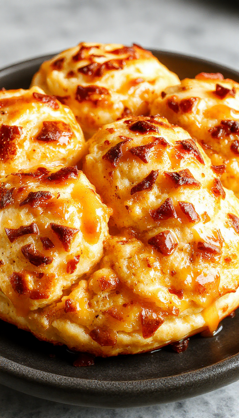 A golden, flaky biscuit broken in half revealing a soft, buttery interior and a crispy, textured crust, presented on a rustic wooden plate.