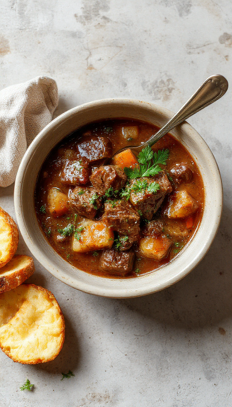 A steaming bowl of Mystical Beef Stew with tender beef chunks, vegetables, and herbs, served with crusty bread on a rustic wooden table.
