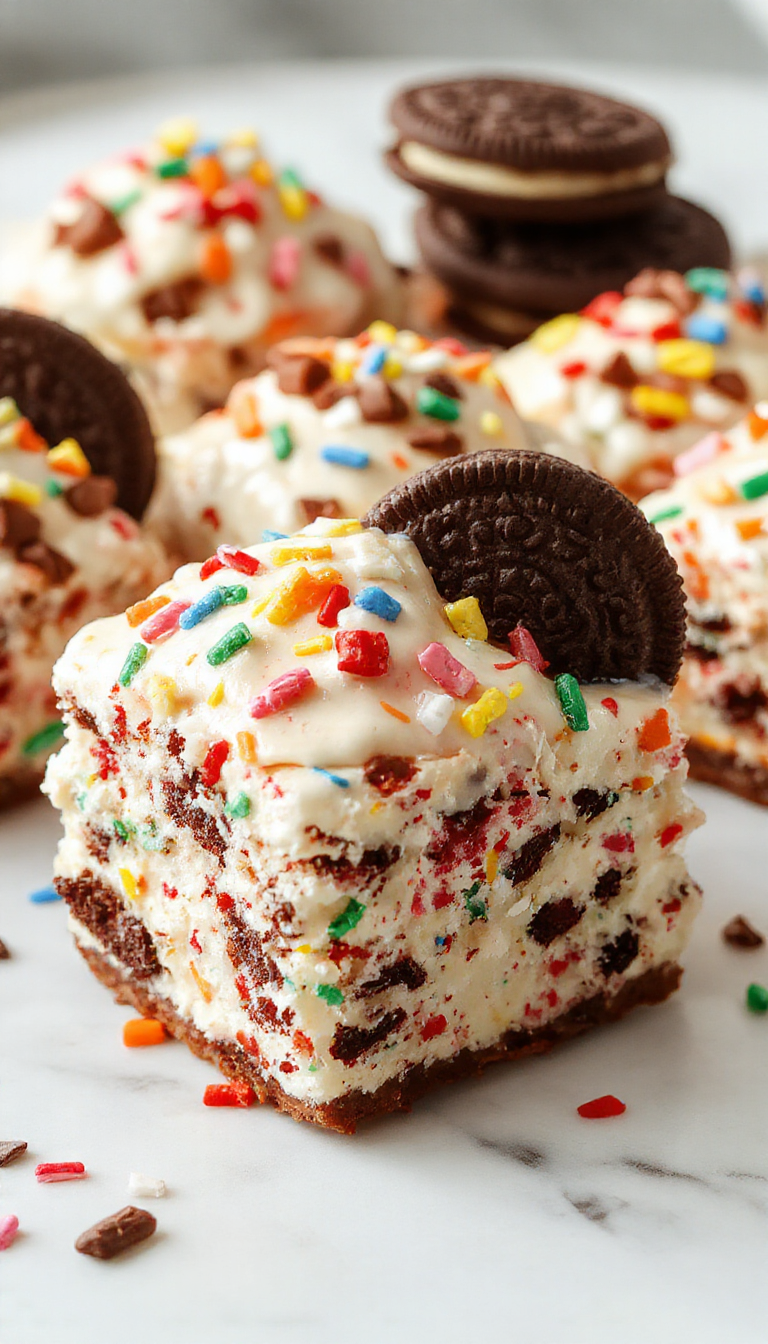 Colorful layered icebox cake with crushed Oreos and sprinkles, topped with whipped cream and rainbow sprinkles, served in a clear glass dish, vibrant and appetizing