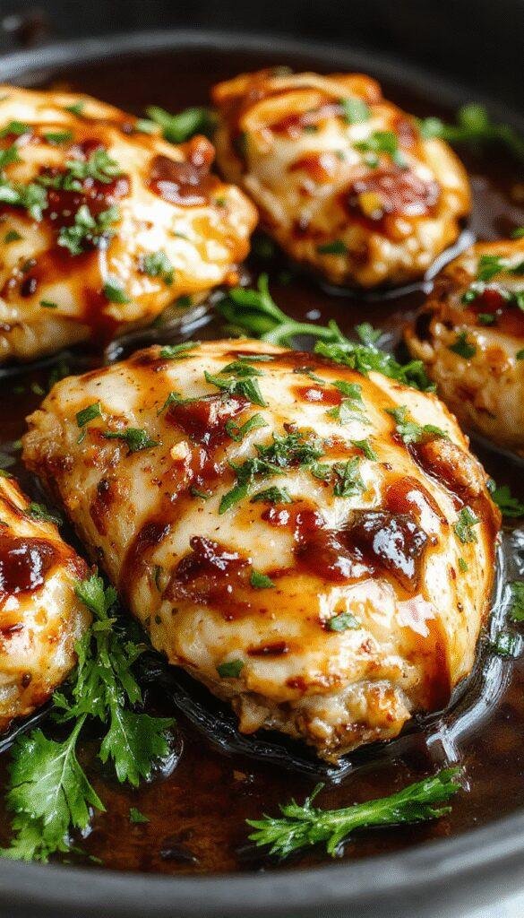 A delicious one-pan balsamic chicken garnished with fresh herbs, served alongside roasted vegetables on a rustic plate.