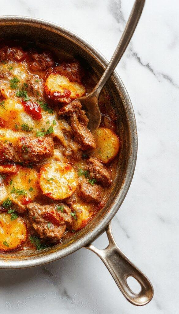 A colorful skillet dish featuring golden roasted potato slices topped with melted gooey cheese, seasoned ground meat, and fresh herbs, served in a rustic cast iron skillet garnished with green onions and a side of crispy potatoes, with a vibrant backdrop highlighting the rich textures and inviting warmth of a home-cooked meal.