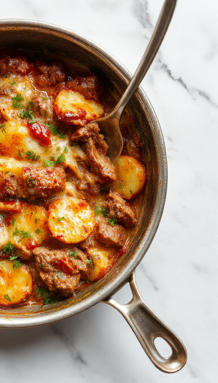 A colorful skillet dish featuring golden roasted potato slices topped with melted gooey cheese, seasoned ground meat, and fresh herbs, served in a rustic cast iron skillet garnished with green onions and a side of crispy potatoes, with a vibrant backdrop highlighting the rich textures and inviting warmth of a home-cooked meal.