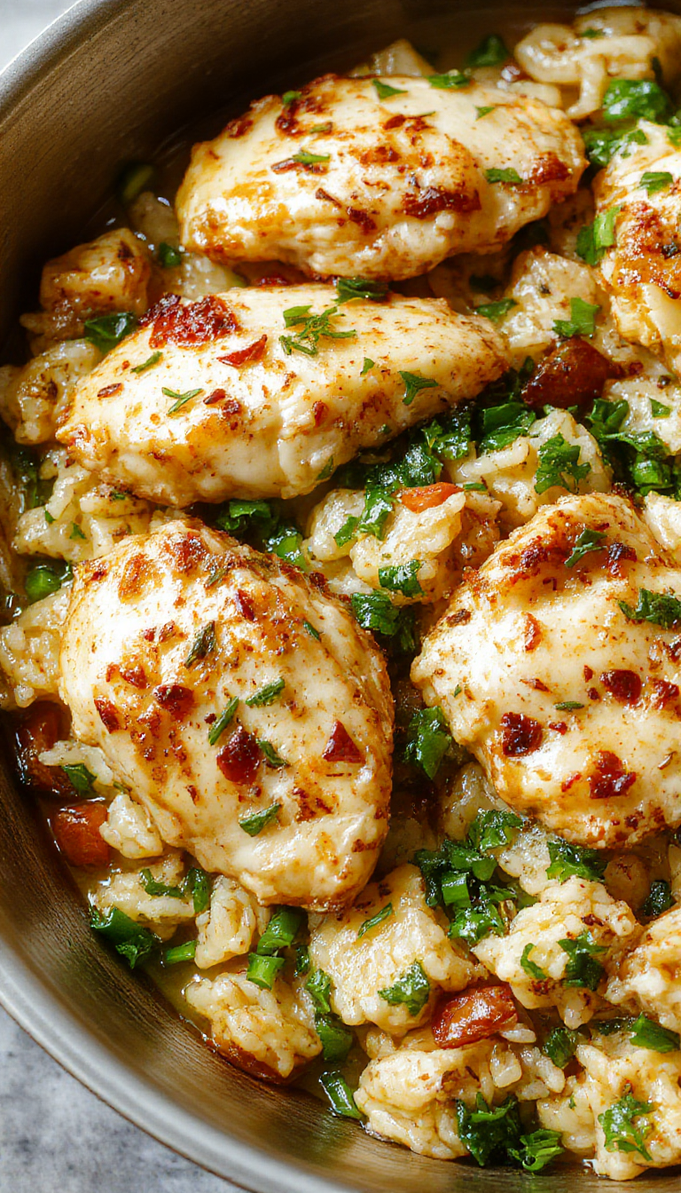 A savory one-pan chicken and rice dish garnished with fresh herbs on a rustic wooden table