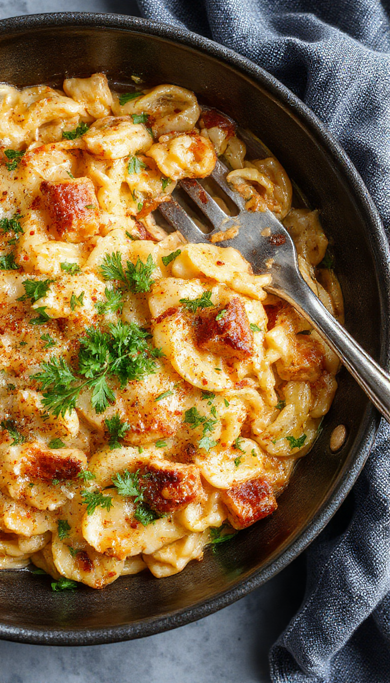 A vibrant one-pan orzo dish with colorful vegetables and herbs, served in a rustic skillet garnished with fresh basil.