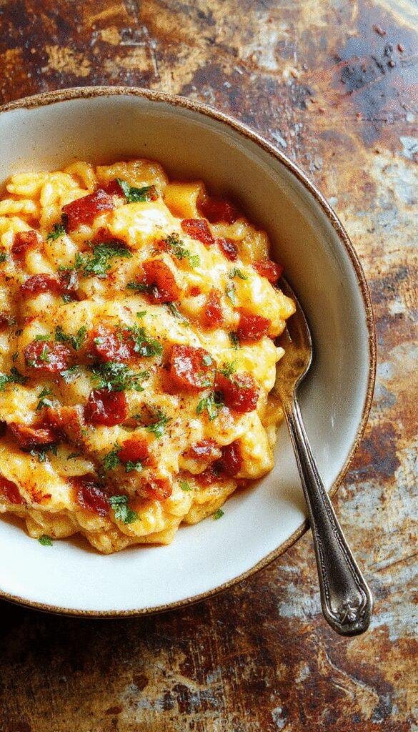 A colorful plate of one-pot orzo pasta garnished with fresh herbs and cherry tomatoes, served on a rustic wooden table.