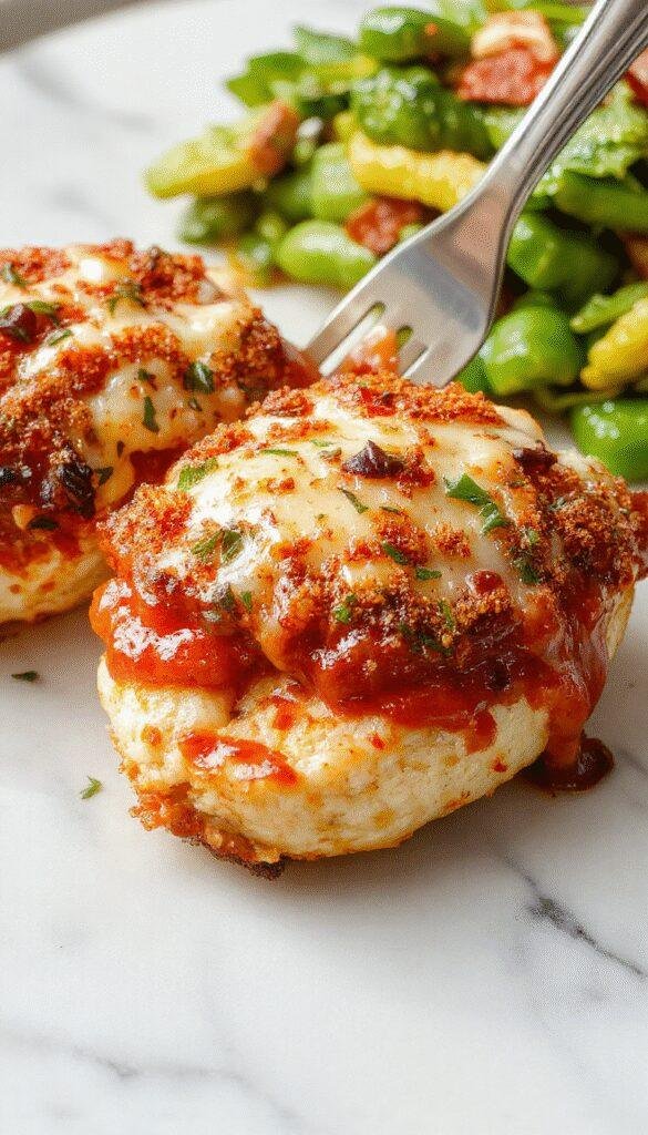 A golden-brown crispy baked chicken parmesan topped with melted mozzarella cheese and fresh basil, served on a white plate with a side of spaghetti and marinara sauce, vibrant reds and greens contrast with the crispy breaded chicken and gooey cheese