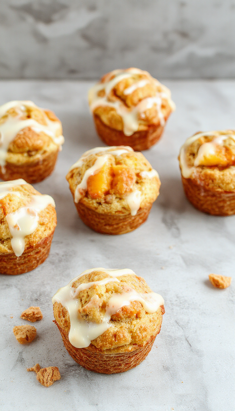Golden peach pie cruffins with flaky crust and juicy peach filling, garnished with powdered sugar on a rustic plate.
