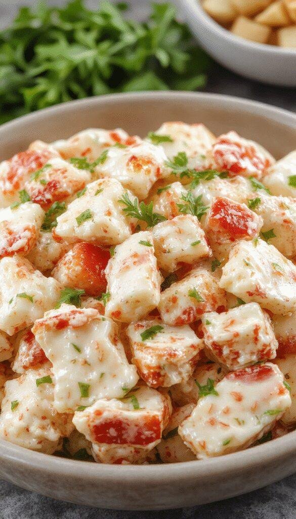 A vibrant bowl of Perfect Crab Salad garnished with fresh herbs and lemon wedges, showcasing its fresh seafood appeal.