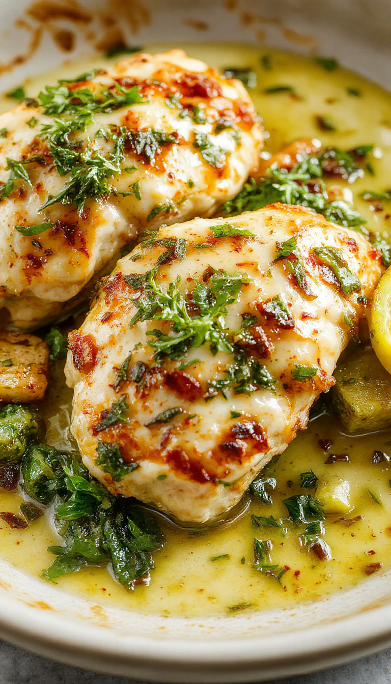 A plate of pesto chicken served with fresh basil, cherry tomatoes, and a drizzle of pesto sauce, garnished with grated Parmesan cheese.