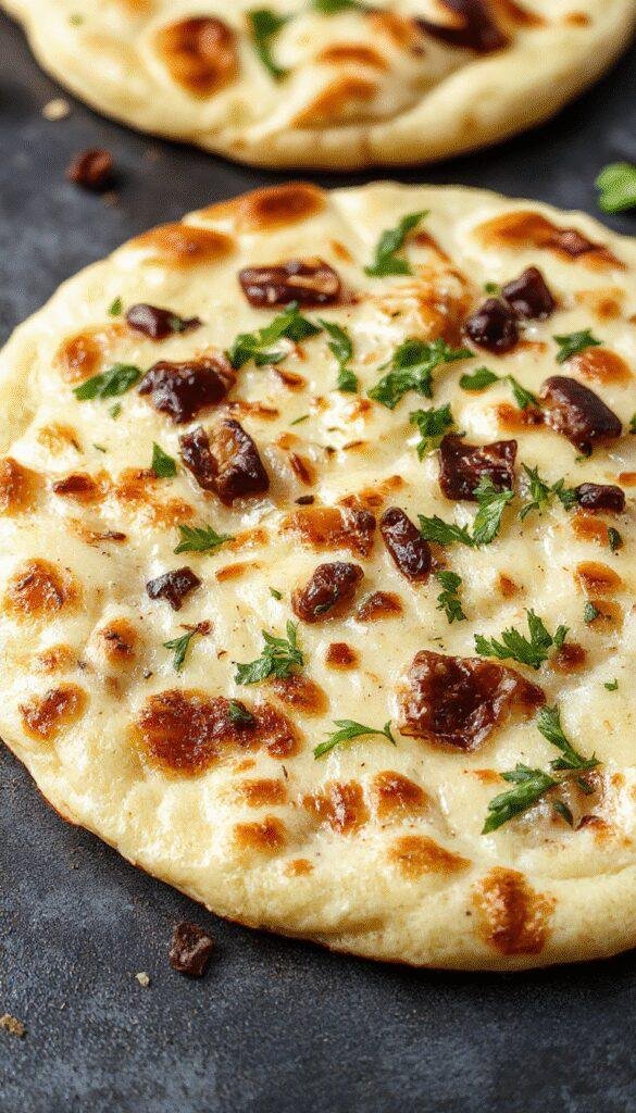 A colorful flatbread topped with fresh vegetables, herbs, and drizzled with olive oil on a rustic wooden board.