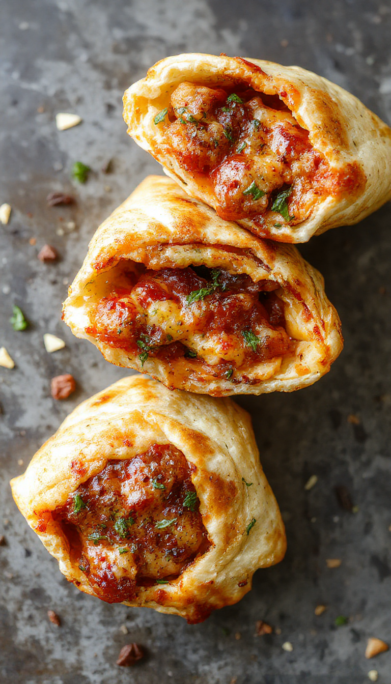 Freshly baked pizza pockets filled with colorful vegetables and melted cheese, arranged on a wooden platter.