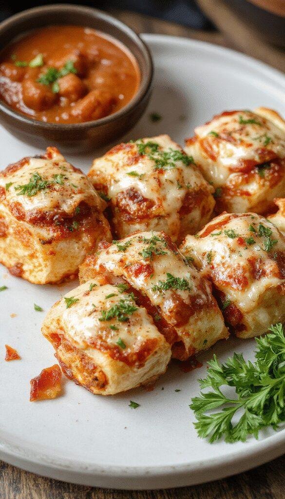 Close-up of golden-brown pepperoni pizza rolls filled with gooey cheese and topped with herbs on a plate