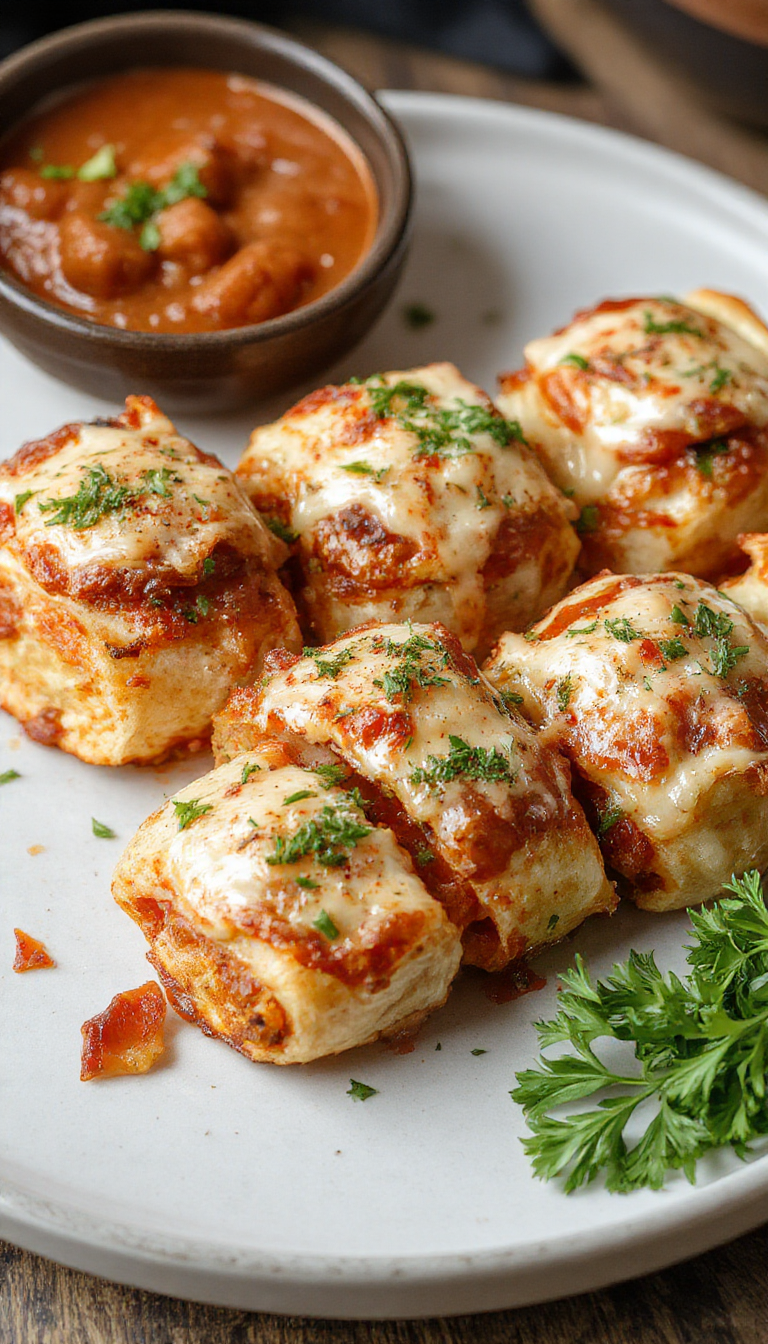 Close-up of golden-brown pepperoni pizza rolls filled with gooey cheese and topped with herbs on a plate