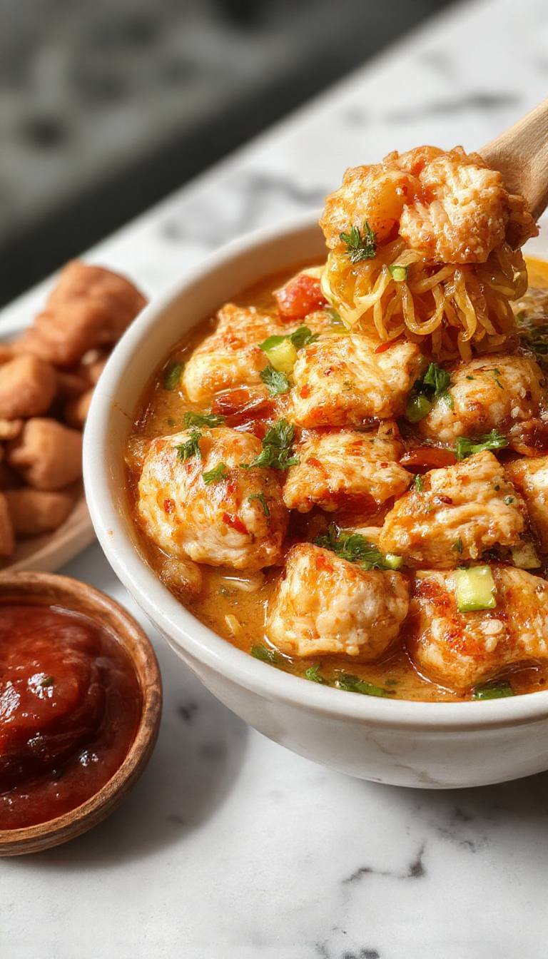 A vibrant bowl showcasing stir-fried chicken pieces and ramen noodles garnished with green onions and sesame seeds, served on a sleek white plate with colorful vegetables and a glossy sauce, with chopsticks resting beside the dish.