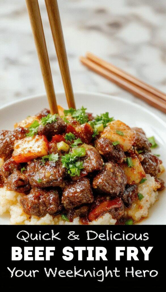 A vibrant beef stir fry on a plate with colorful vegetables and a glossy sauce, served alongside rice.