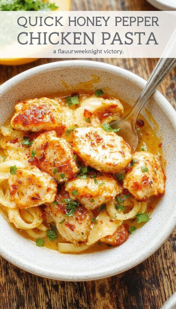 A plate of delicious honey pepper chicken pasta garnished with fresh herbs, showcasing tender chicken, glossy sauce, and colorful pasta strands.