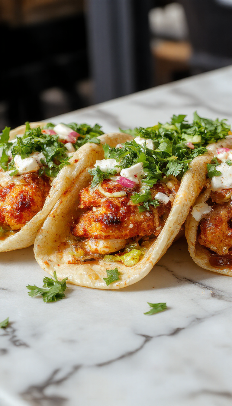 Colorful mini chicken tacos arranged on a white plate with golden crispy shells, topped with fresh lettuce, diced tomatoes, shredded cheese, and a drizzle of sauce; vibrant ingredients contrast with the rustic wooden table, styled with lime wedges and cilantro sprigs.