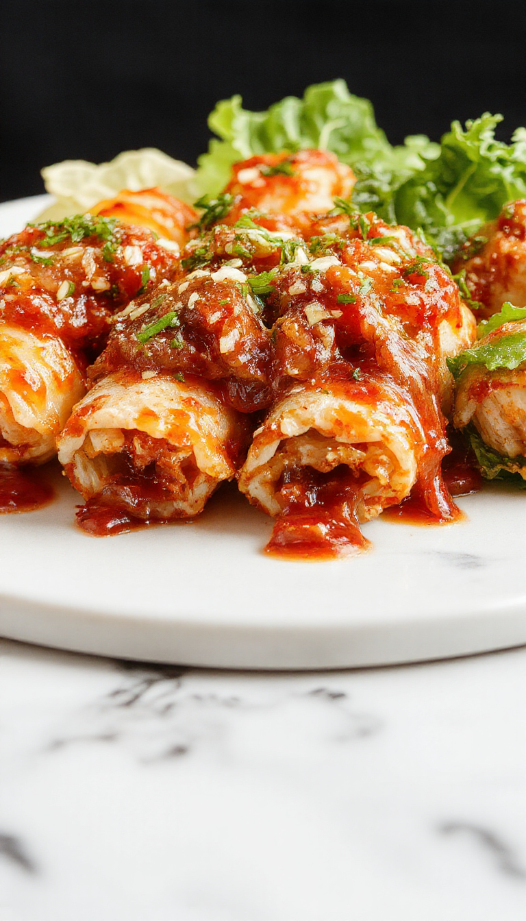 A vibrant plate of cabbage rolls arranged neatly, showcasing golden-brown baked cabbage leaves filled with savory meat and rice, garnished with fresh herbs on a rustic wooden table.