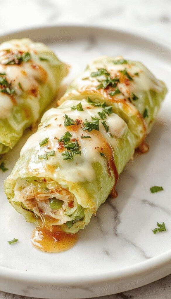 A vibrant plate showcasing rolled cabbage leaves filled with seasoned meat and rice, garnished with fresh herbs, colorful vegetables on a rustic wooden background, with a close-up highlighting the tender texture and neatly arranged presentation.