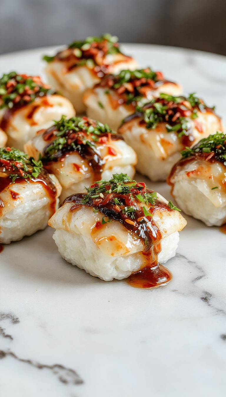 A vibrant sushi bake in a glass baking dish, topped with thin slices of fresh salmon, avocado, and drizzled with spicy mayo. The dish showcases a colorful layering of sushi ingredients with fluffy rice and garnished with sesame seeds and chopped green onions, styled on a rustic wooden table with chopsticks and a side of soy sauce.