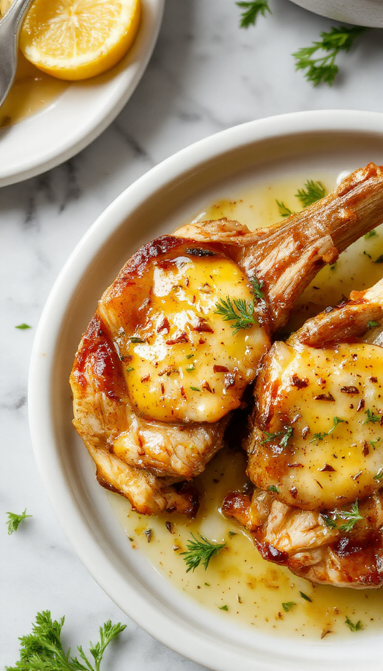 Golden-brown garlic butter pork chops plated on a rustic wooden surface, garnished with fresh parsley, with a side of roasted vegetables and lemon wedges, showcasing a crispy exterior and juicy interior with a glossy garlic butter glaze.
