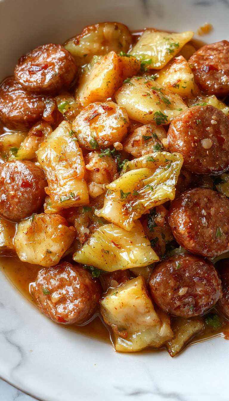 A vibrant plate featuring golden-brown sausage slices stir-fried with crisp green cabbage and red bell peppers, garnished with chopped green onions, all arranged on a white ceramic platter with a rustic wooden background, highlighting textures and colorful ingredients.